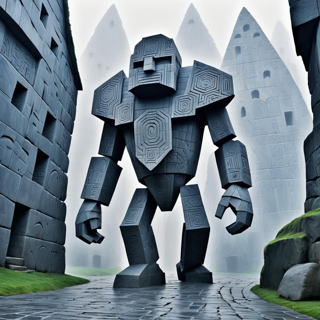 Humanoid Golem in a Foggy Prehistoric Town