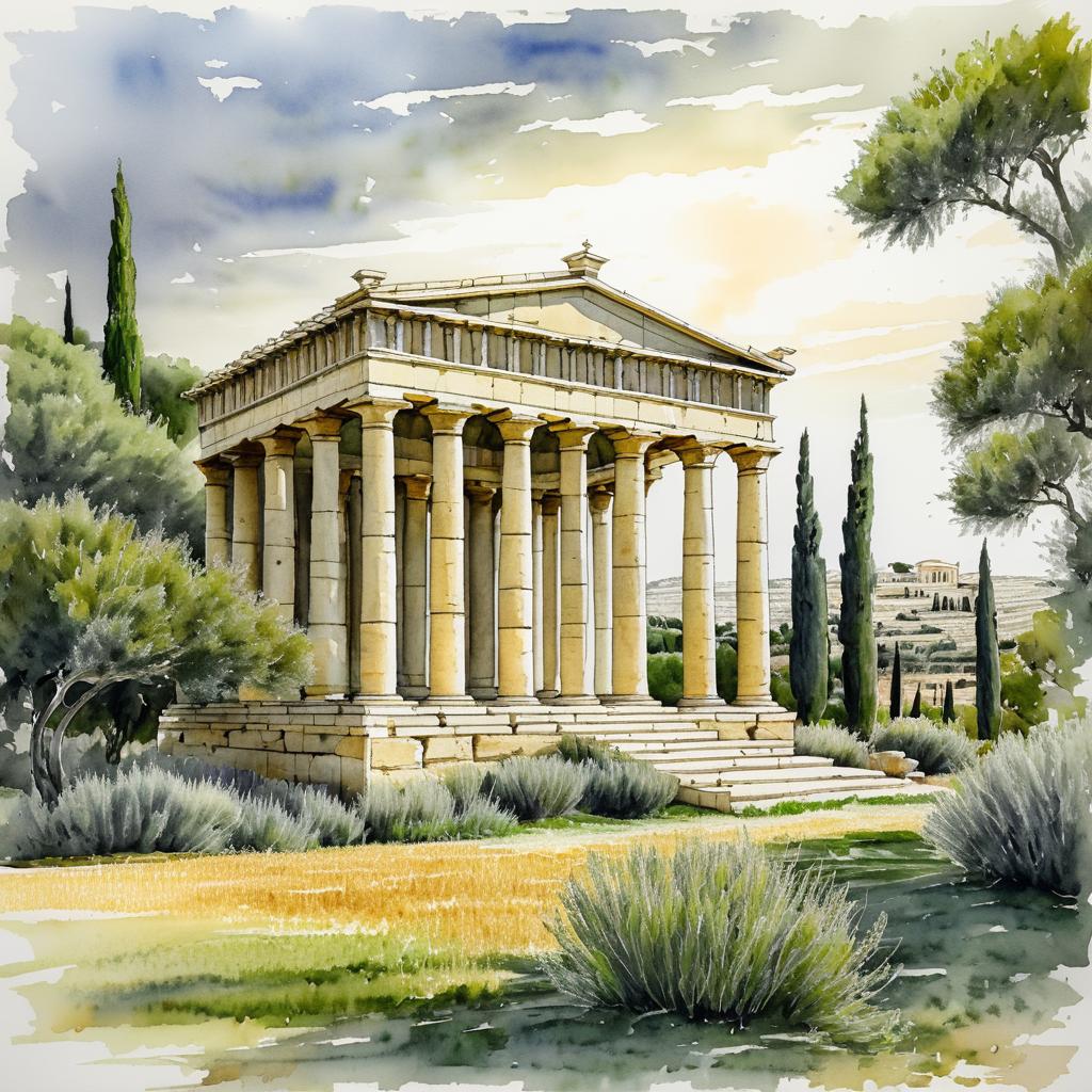 Elegant Ancient Greek Temple in Olive Groves