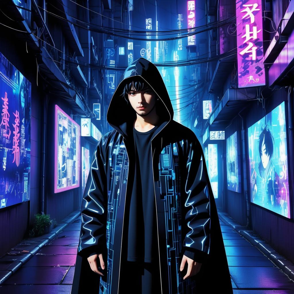 Brooding Hacker in Neon Alleyway