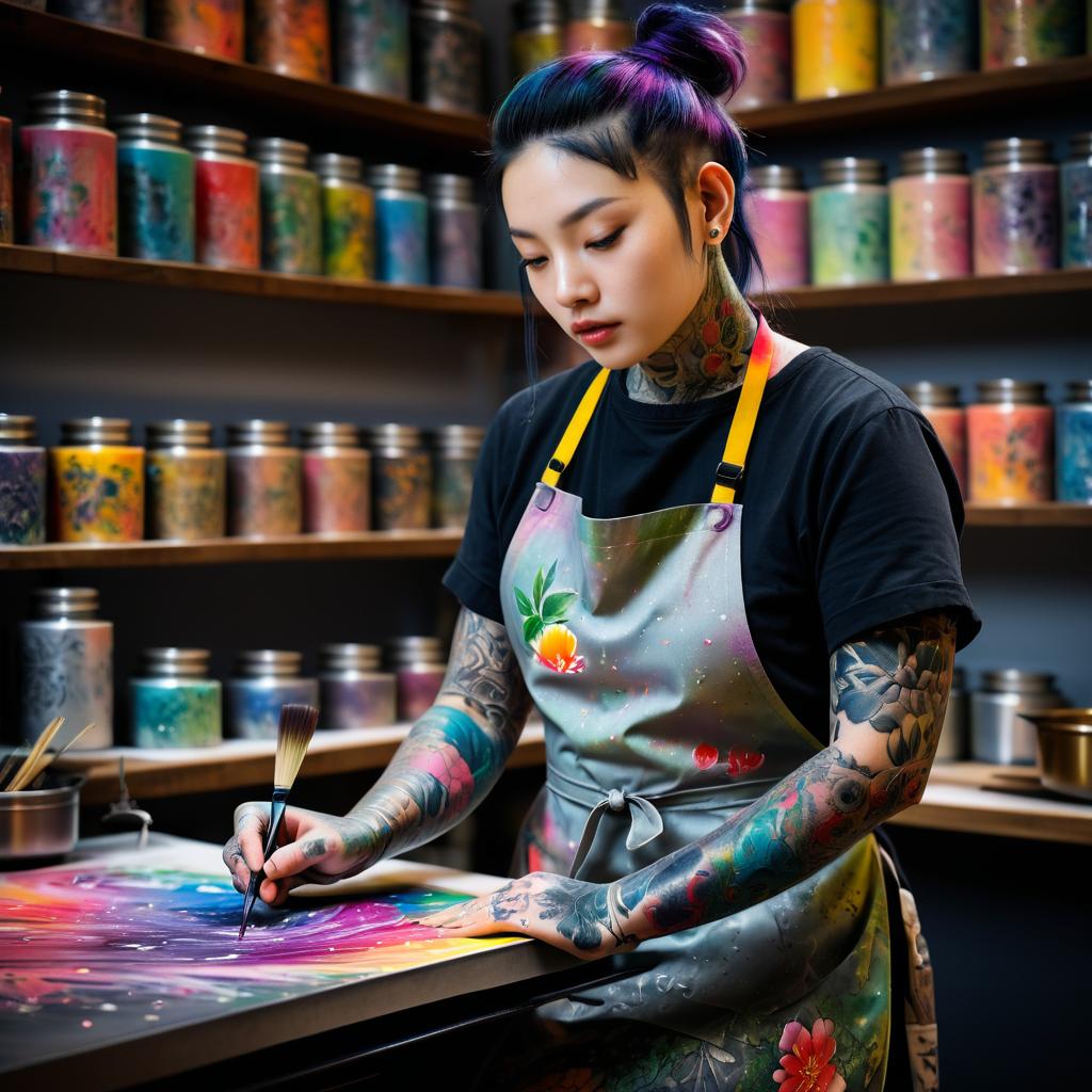 Tattooed Artist in Vibrant Art Studio