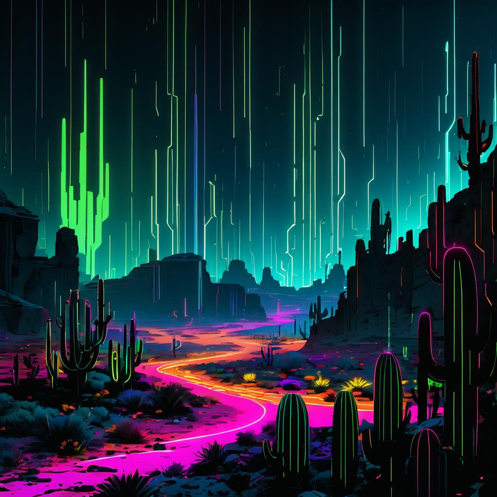 Neon Cactus Wasteland at Night