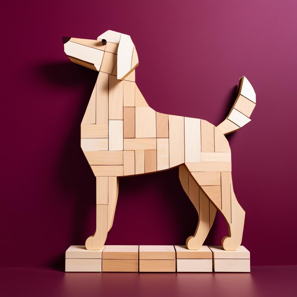 Wooden Block Dog on Burgundy Canvas