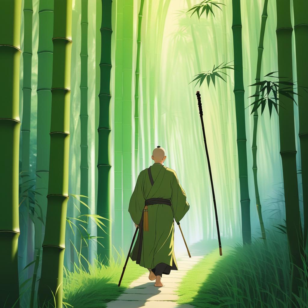 Wandering Monk in Serene Bamboo Forest