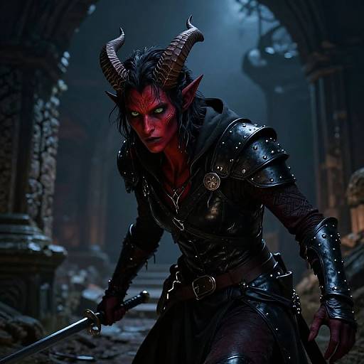Digital artwork of a fierce, red-skinned demon warrior with black armor, horns, and glowing eyes, wielding a sword in a dark, ruined temple