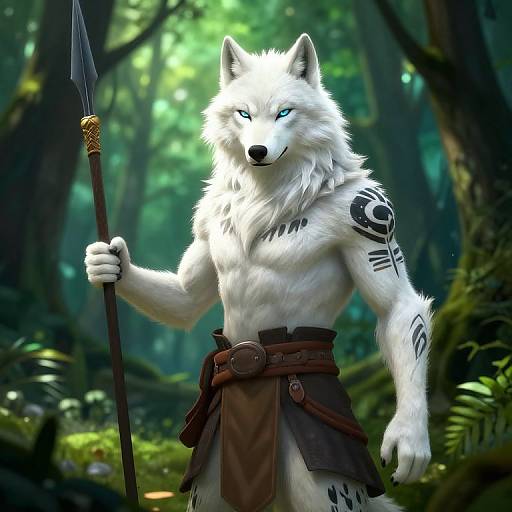 Digital art of a muscular, white anthropomorphic wolf with blue eyes, tribal tattoos, holding a spear, standing in a lush forest.