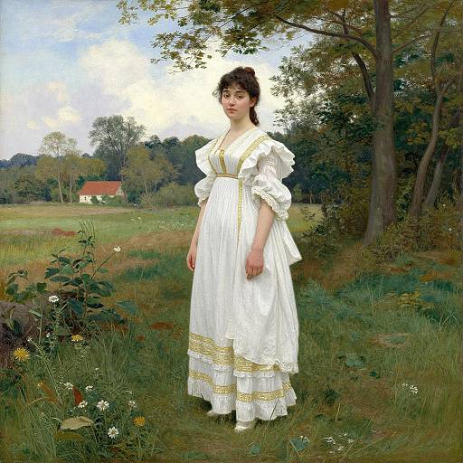 Photorealistic painting of a fair-skinned woman with dark hair in a white, Victorian-style dress, standing in a lush, green meadow with