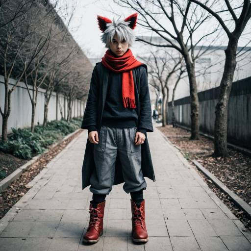 Young Man in Bakugou-Inspired Costume with Red Scarf and Boots