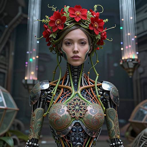 Cybernetic woman with red flower crown, intricate metallic armor, and vine-like circuitry, set in a dimly lit, industrial background.