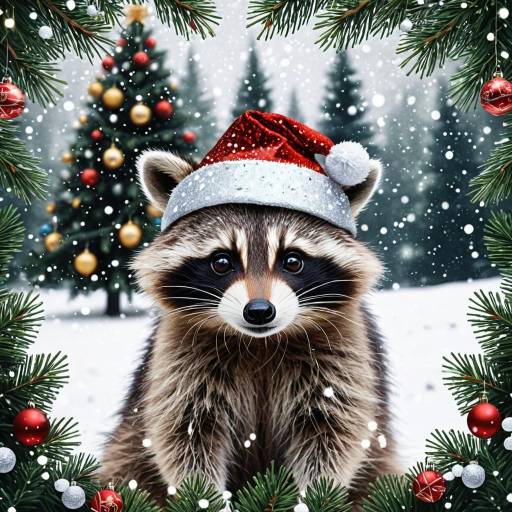 Adorable Raccoon in Santa Hat with Christmas Tree Adorable Raccoon in Santa Hat with Christmas Tree