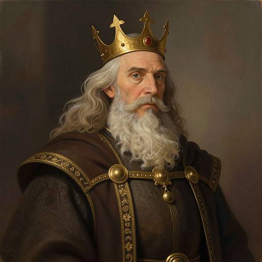 Digital painting of an elderly king with long white hair, a full beard, gold crown adorned with red gem, and ornate dark robe. His solemn