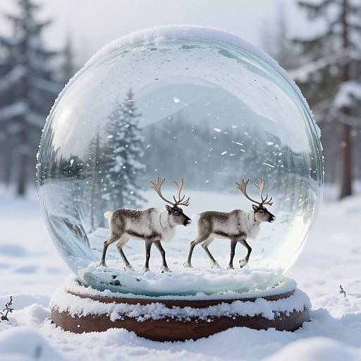 Photograph of a snow globe with two detailed, brown and white reindeer with antlers, standing on a snowy base in a snowy forest.
