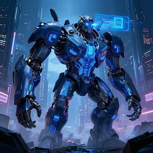 Cyberpunk Juggernaut AI Over Cityscape