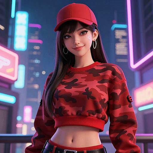 Digital artwork of a young woman with long black hair, red camo crop top, red hat, and hoop earrings, standing in a neon-lit