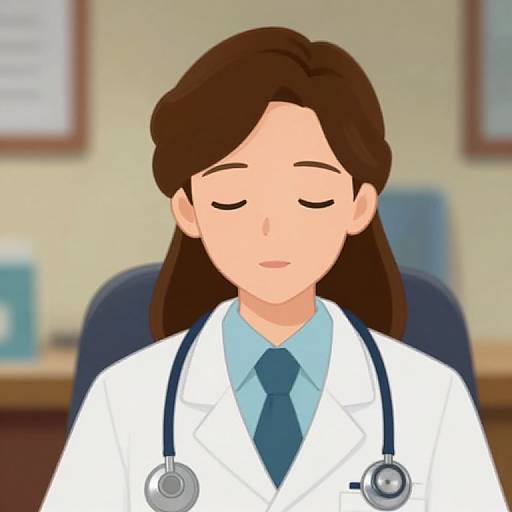 Digital illustration of a calm, brown-haired woman in a white doctor's coat with a blue tie and stethoscope, eyes closed, seated in an