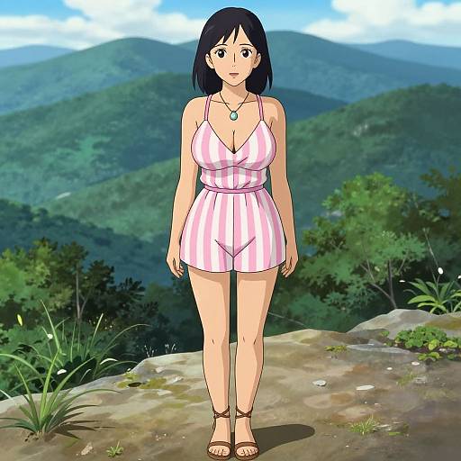 Digital anime-style drawing of a black-haired woman in a pink-and-white striped romper, standing on a rocky mountain path with lush green hills and blue