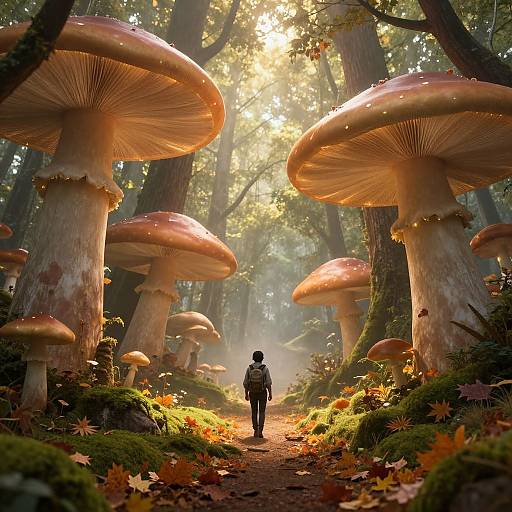 Photograph-like CGI of a person in a backpack standing amidst giant, glowing orange-red mushrooms in a sunlit, misty forest.