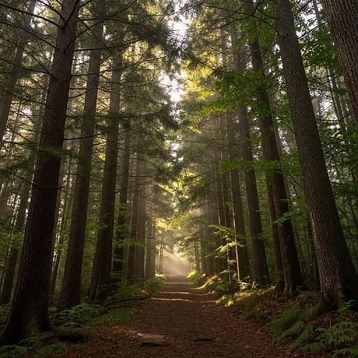 Photograph of a serene forest path with tall, sunlit redwood trees, green foliage, and a misty, glowing background.