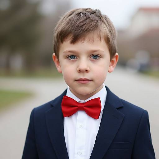 Photograph of a young boy with blue eyes, brown hair, wearing a black suit and red bow tie, standing outdoors on a blurred path.