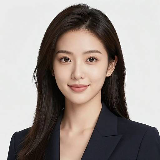 Photograph of an Asian woman with long, straight black hair, fair skin, wearing a black blazer, smiling subtly against a white background.