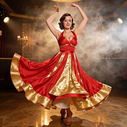 Photograph of a smiling, fair-skinned woman in a red and gold vintage-style dress, dancing with arms raised in a smoky, dimly