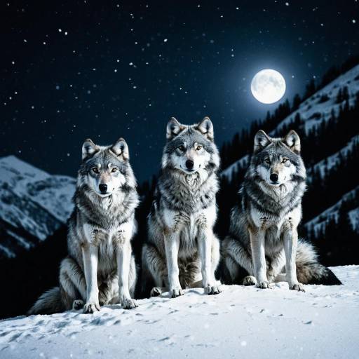 Three Silver Wolves in Moonlit Snowy Mountains