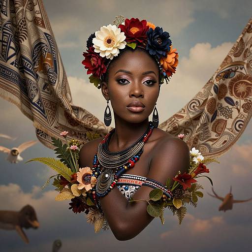 Photograph-style digital art of a dark-skinned African woman with a vibrant flower crown, elaborate jewelry, and wings, set against a cloudy sky with