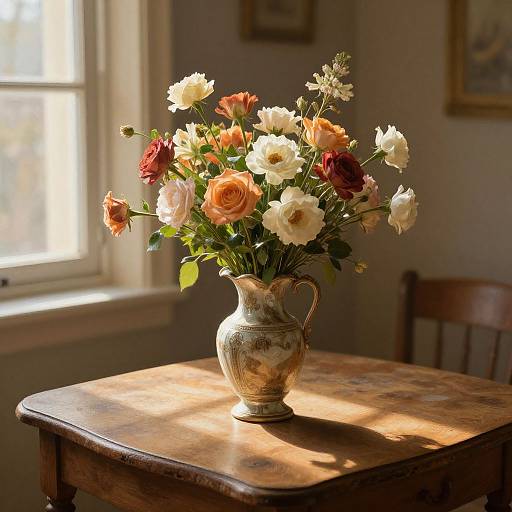 Vintage Vase with Mixed Flowers on Wooden Table