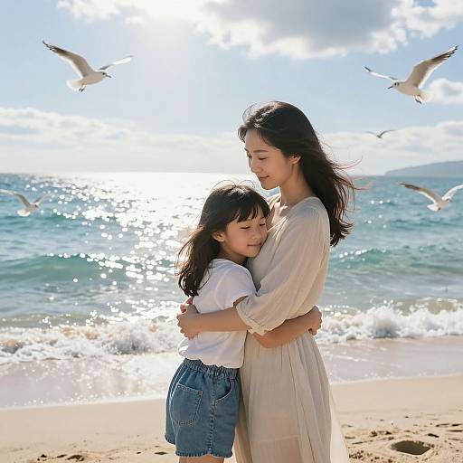 Photograph of an Asian woman in a white dress hugging a young girl in a white top and blue jeans on a sunlit beach with seag