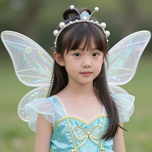 Photograph of an Asian girl with long black hair, wearing a sparkling fairy costume, transparent wings, and a pearl tiara, standing outdoors on a