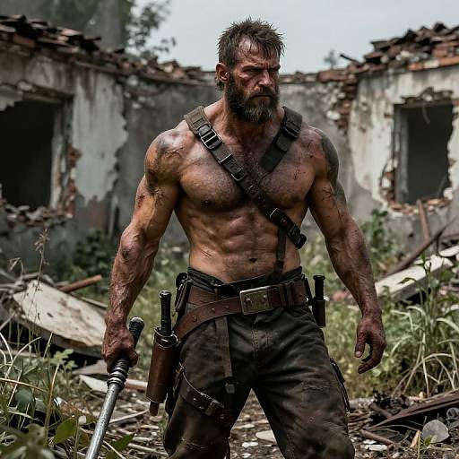 Photorealistic digital artwork of a muscular, bearded, shirtless man with scars, wearing dark pants and a gun belt, standing in a ruined
