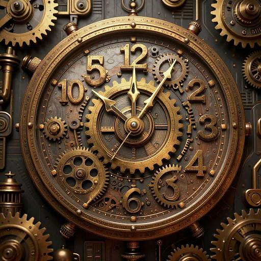 Photograph of intricate, steampunk-style clock with gold gears, cogs, and numerals, set against a dark, mechanical background.