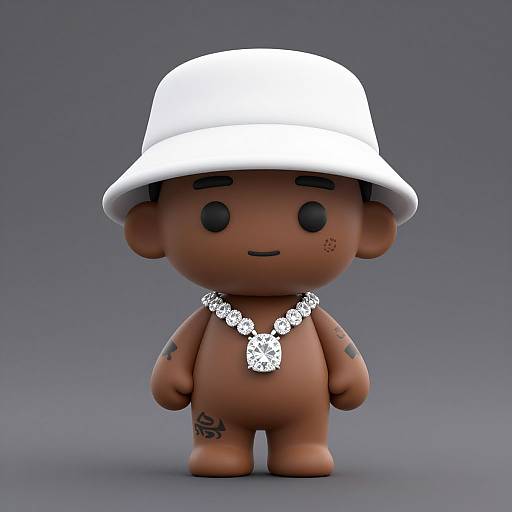 Chibi-style 3D digital rendering of a brown-skinned, tattooed, baby-like figure with a white bucket hat and large white necklace,