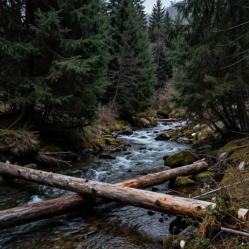 Photograph of a dense, dark forest with a rushing stream, moss-covered rocks, and a fallen log across the water.
