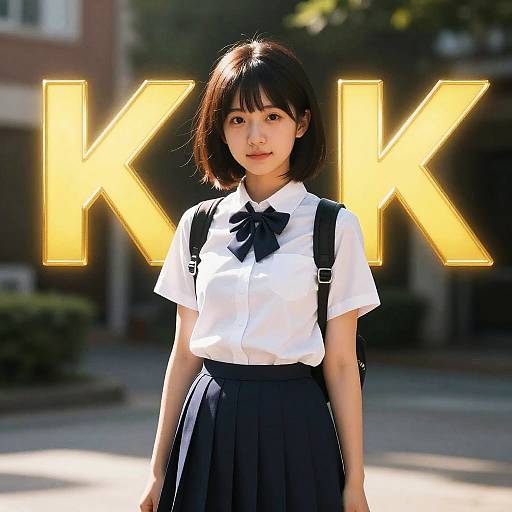 Photograph of an Asian teenage girl with short black hair, wearing a white blouse, black bow tie, and pleated skirt, standing in front of