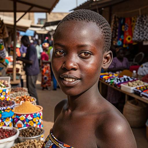 Photograph of a smiling, dark-skinned young girl with short braided hair, standing in a colorful, bustling outdoor market stall.