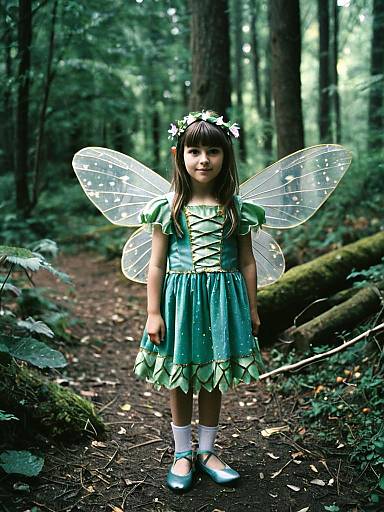 Photograph of a young girl in a forest, wearing a green fairy dress, transparent wings, flower crown, white socks, and blue shoes.
