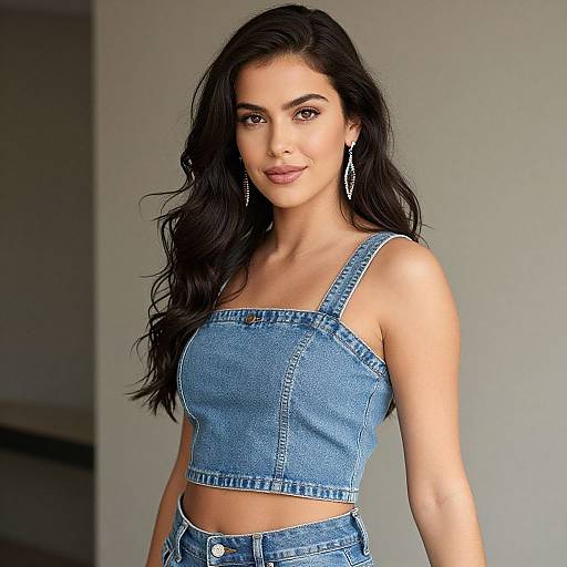 Photograph of a young woman with long, wavy black hair, wearing a blue denim crop top and matching high-waisted jeans, standing against