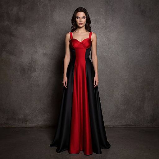 Photograph of a woman with fair skin and dark wavy hair, wearing a floor-length black and red satin gown with red straps, standing against a