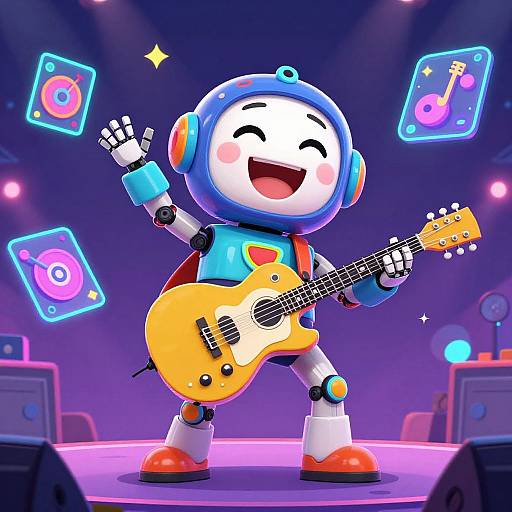 Colorful digital cartoon of a joyful robot with blue helmet, white face, and red cheeks, playing an orange electric guitar on stage, surrounded by glowing