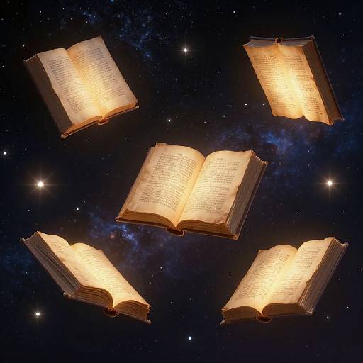 Five glowing open books floating in a starry, cosmic night sky, illuminated with warm light against a dark, star-filled background.