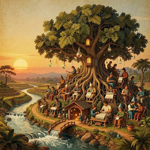 Anton Pieck-Style Banyan Guild at Sunset