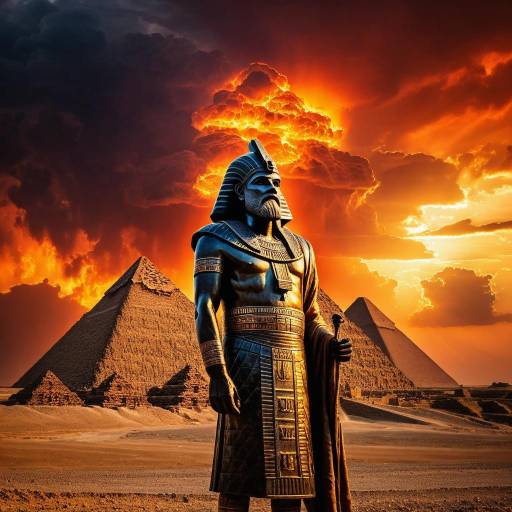 Anu Statue with Pyramids at Fiery Sunset