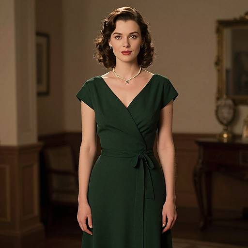 Photograph of a fair-skinned woman with short, curly brown hair, wearing a dark green, V-neck dress, pearl necklace, and red lipstick
