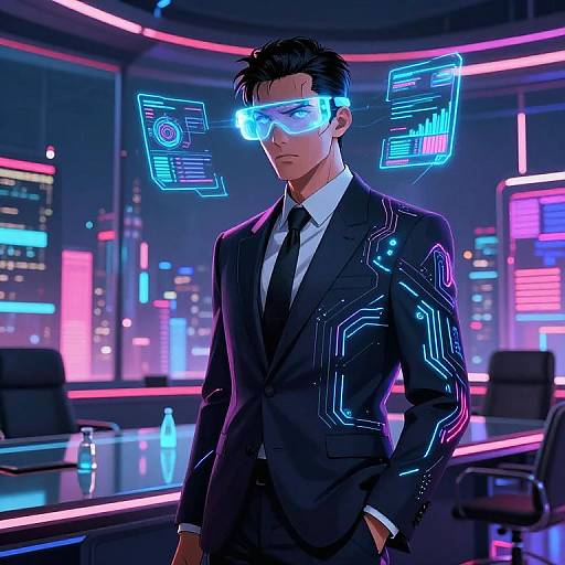 Digital art of a serious, young Asian man in a black suit with neon circuitry, wearing glowing blue futuristic visor and holographic screens, standing