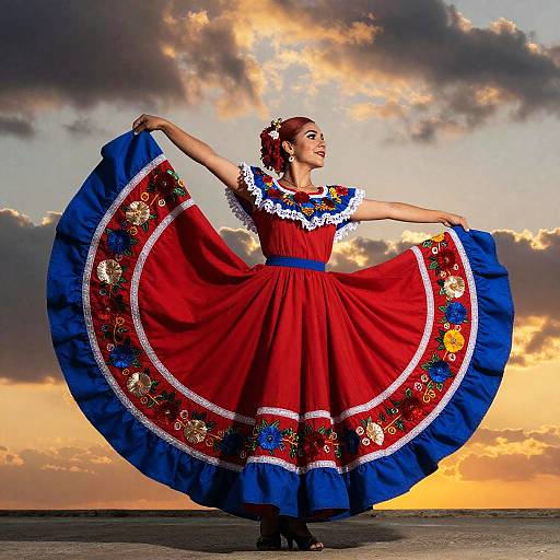 Photograph of a smiling woman in a vibrant red and blue Mexican folk dress, spreading skirt wide, against a dramatic sunset sky.