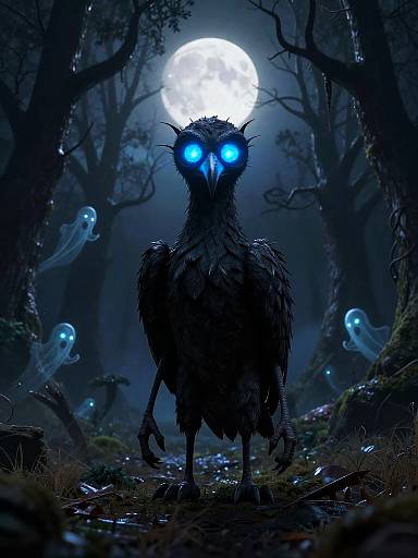 Digital art: Dark, eerie forest at night with a glowing full moon. A mysterious, shadowy creature with glowing blue eyes stands centered, surrounded by