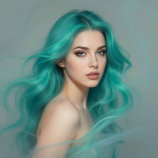 Digital portrait of a fair-skinned woman with long, wavy turquoise hair and blue eyes, looking directly at the camera. Soft, ethereal background