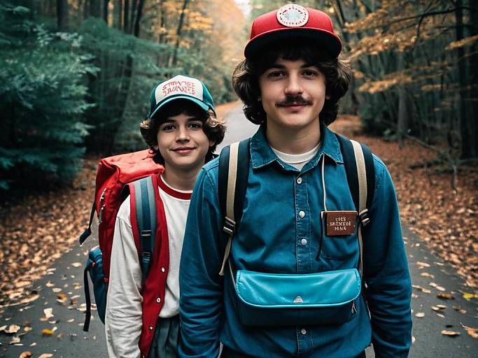 Photograph of two young men in cartoonish outfits, wearing red and white caps, blue shirts, and backpacks, standing on a leaf-covered forest