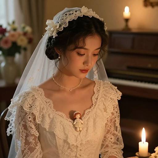 Photograph of a young Asian bride with dark hair, lace veil, and white lace dress, wearing a pearl necklace, looking down at a small doll