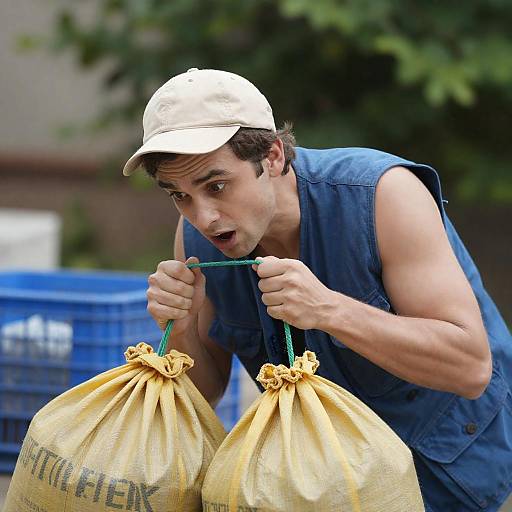 Startled Man with Green String and Sacks